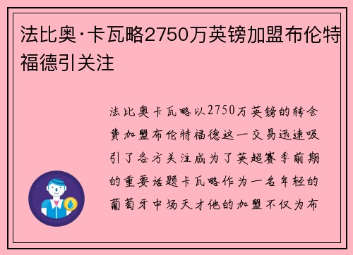 法比奥·卡瓦略2750万英镑加盟布伦特福德引关注